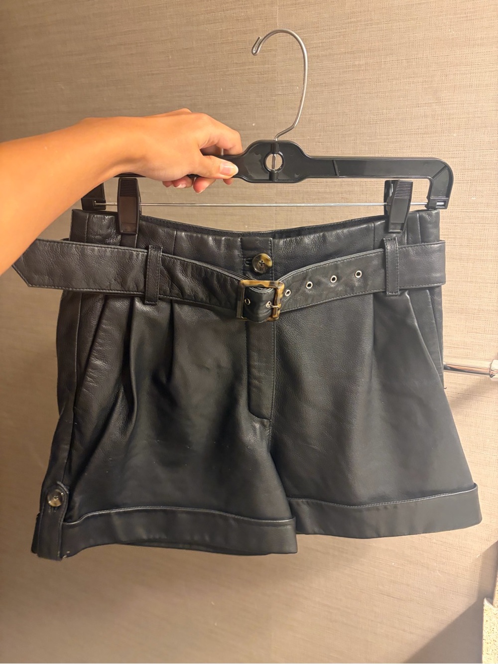 baldwin Black Faux Leather High-Waist Belted Shorts